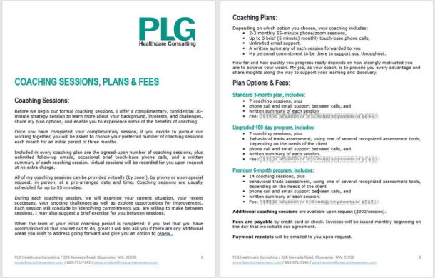 Executive Coaching Fees, Plans & Sessions document